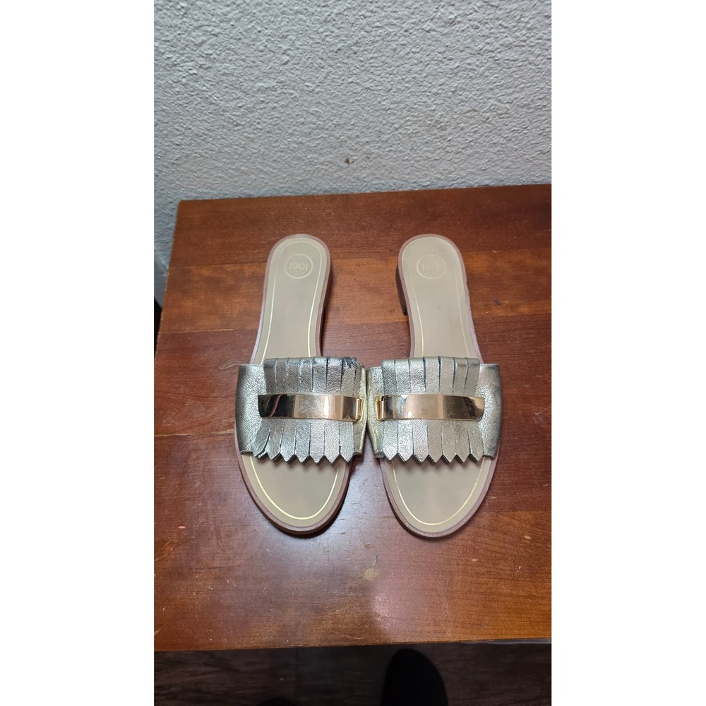 1901 Metallic Gold Leather Kiltie Fringe Slide Sandals Womens 11M Flat Slip On